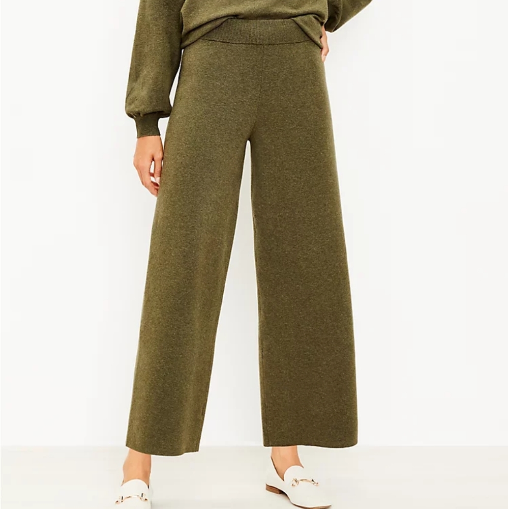 Loft Pull Olive Green Birdseye Knit Pull On Wide Leg Pants M 2021